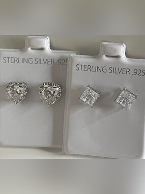 Bundle of 2 Sterling Silver 925 Heart and Square Cluster Push Back CZ Earrings